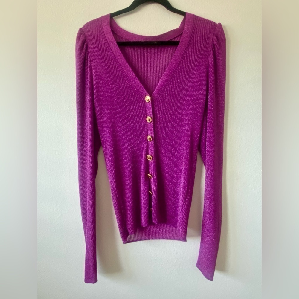 Caroline Constas Purple Long Sleeve Cardigan Glitter Sparkly Puff Sleeve - Picture 8 of 13